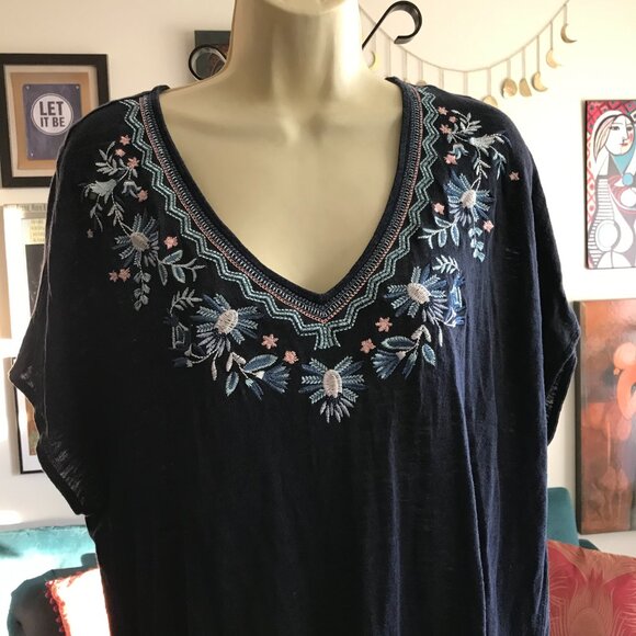 J JILL size XL Navy Blue Boho Embroidered Floral Linen Tee Tunic T-Shirt - Picture 2 of 4